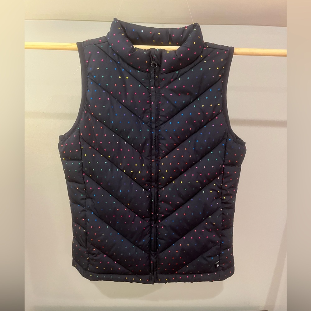 Gap Girls’ Navy Blue Puffer Vest with Rainbow Polka Dots